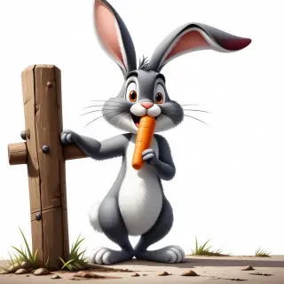 Classic 1950s Bugs bunny leaning against a fence post with a carrot in his hand that he holds up to his mouth.