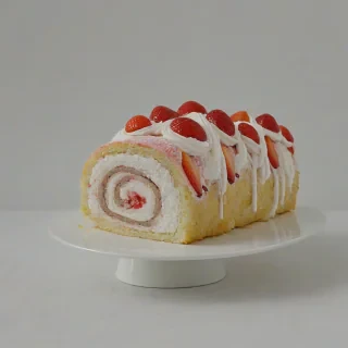 strawberry roll cake, on a plain white background, even lighting