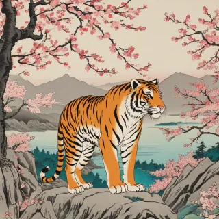 Ukiyo-e style Japanese artwork of a majestic tiger in a full-body view, standing on a rocky cliff overlooking a serene landscape with cherry blossom trees, with bold black outlines and vibrant colors, in a wide shot with its feet visible