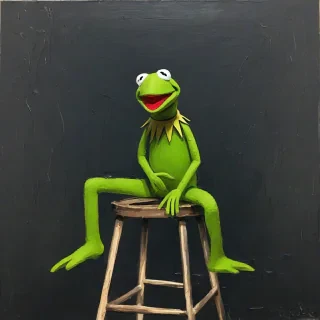 Kermit on stool in dark room, oil painting with messy brush strokes