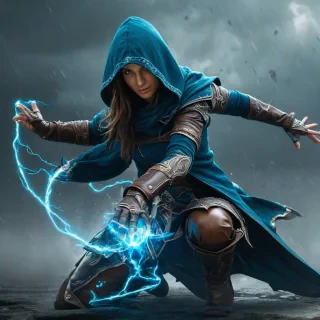 A highly detailed fantasy female sorcerer assassin character in dynamic action pose, crouching low with intense forward momentum, storms swirling dramatically around her in a powerful vortex of bright cyan-blue magical energy and lightning arcs, wearing a deep navy hooded cloak with intricate silver embroidery flowing in the wind, layered leather and cloth armor in dark tones, brown leather gloves and high laced boots, pale blue-gray skin, long flowing white-silver hair, glowing intense blue eyes, sharp ethereal facial features, dual-wielding a short dark dagger in one hand while casting magic with the other, dramatic cinematic lighting, volumetric god rays, misty atmosphere, high-resolution PBR textures, clean game-ready topology, symmetrical proportions, full body visible, centered composition, masterpiece quality, ultra-detailed, on a plain white background, even lighting