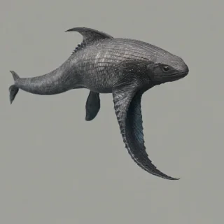 A highly detailed, hyperrealistic, full-body view of an underwater creature, with sleek black scales that reflect the faint glow of the ocean's bioluminescent creatures, set against a plain white background, with precise textures and intricate details, in a wide shot that captures the creature's entire body, including its fins and tail, with soft, diffused lighting that accentuates its shiny black skin, on a plain white background, even lighting