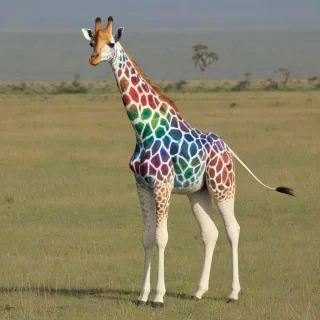 Rainbow giraffe, full-body view, on savannah,