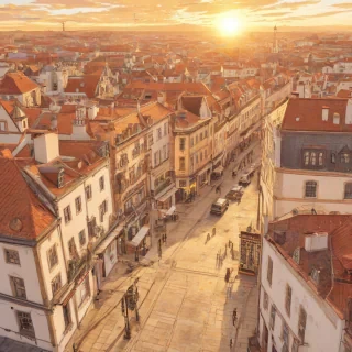 A decopunk townscape at sunset with a wide-angle view, featuring a mix of old and new architectural styles, warm golden lighting, and a sense of nostalgia, with a plain white background, full-body view of the town, and a futuristic yet vintage feel, in the style of a digital painting