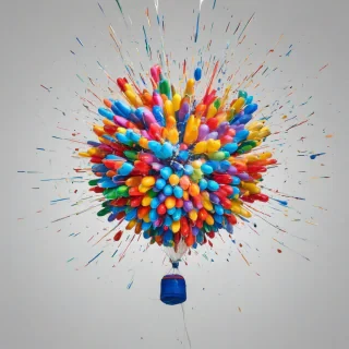 vibrant colorful balloon exploding in mid-air, full-body view, on white background