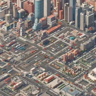 A pixelated cityscape in a wide shot, with a retro aesthetic, featuring skyscrapers, roads, and vehicles, all made up of small, visible pixels, on a plain white background