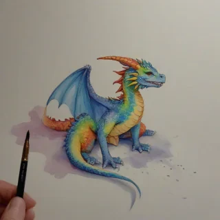 Watercolor of a small rainbow dragon sitting