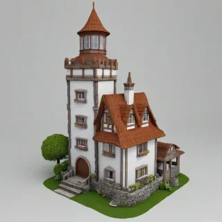 3d cartoon animation style cute tower cottage, on a plain white background, even lighting