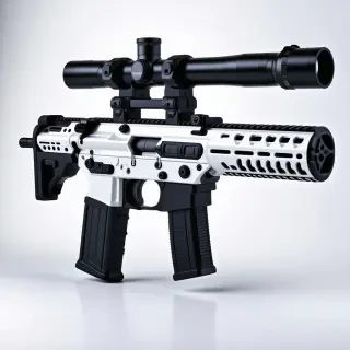 A sleek, metallic, futuristic rifle with a white and black finish, glowing blue accents, and a unique, ergonomic design, with a suppressor attached to the muzzle and a scope on top, a textured fore grip on the front, and a drum magazine attached to the side, set against a plain white background, in a wide shot with the rifle's entire length visible, including the stock and barrel, with a shallow depth of field to blur the background.