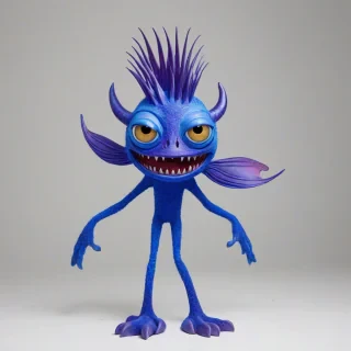 Majorelle blue colored monster , with Mardi Gras purple colored fish fins, big eyes, mischievous look on its face, full body visible,, on a plain white background, even lighting