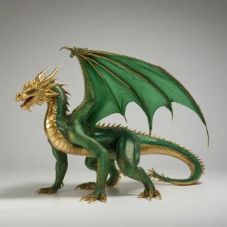 A majestic, full-body view of a large, Emerald green dragon, with intricate, golden scales, set against a plain white background, in the style of Renaissance art, with dynamic shadows and soft, natural lighting, and the dragon's feet and claws visible, on a plain white background, even lighting 