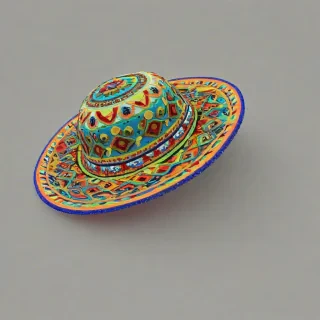 A vibrant sombrero with velvet trim, intricate sequin patterns, and bright coloring, in a wide-angle shot, on a plain white background, with a full-body view of the sombrero, and a focus on the detailed sequin work, in a digital art style with bold lines and textures, on a plain white background, even lighting