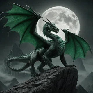 a large, majestic dragon with emerald green scales, set against a dark fantasy backdrop with ominous mountains and a full moon, in a wide shot with the dragon's feet visible, on a plain white background, digital art style, high contrast, dynamic shadows, and intricate details, on a plain white background, even lighting 