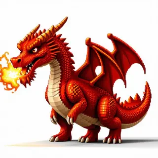 A full-body view of a colorful 8-bit pixelated dragon with a fiery breath, standing on a plain white background, in a wide shot, with visible feet and claws, in the style of classic video games, with a low-resolution pixel art aesthetic and a nostalgic feel