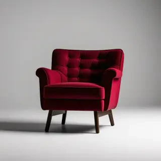 A wide shot of a brutalist-style maroon armchair with a sturdy, geometric base, tufted backrest, and a cushioned seat, set against a plain white background, with dramatic shadows and a sense of industrial chic, in the style of a digital illustration