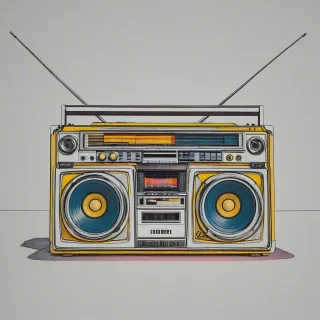 1980's style boom box, pop art style coloring, on a plain white background, even lighting