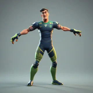 A stylized, weird-looking football goalkeeper character standing in a perfect T-pose.
Arms fully extended horizontally, legs straight and slightly apart.
Exaggerated proportions: long arms, slightly oversized gloves, narrow waist, big boots.
Cartoon-meets-semi-realistic style, suitable for a video game character.
Neutral facial expression, slightly goofy or uncanny vibe.
Wearing a modern goalkeeper outfit: padded jersey, shorts, high socks, goalkeeper gloves.
Clean topology, symmetrical body, centered in frame.
No accessories, no background, no ground, floating character.
Full body visible from head to toe.
Unreal Engine / Unity ready, animation-friendly, riggable character.
Plain neutral lighting, studio style., on a plain white background, even lighting