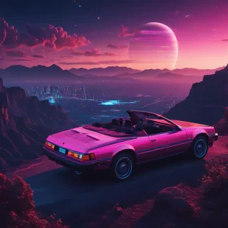 A beautiful 80s synthwave inspired scene of a convertible car sitting on the edge of a cliff that overlooks the glowing cityscape below, the night sky is visible with a large planet similar to Saturn is visible from beyond the atmosphere