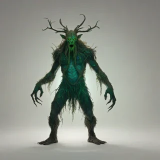 D & D style a terrifying, horror fantasy Leshy, set against a plain white background, in a wide shot with its full body visible, including its feet, with bold lines, and vibrant, with bright lighting,,, on a plain white background, even lighting