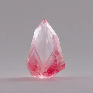A vibrant, crimson-colored crystal formation, with intricate facets and sharp edges, set against a plain white background, in a wide shot, with a soft, vaporwave-inspired glow, and delicate, swirling patterns in the background, full-body view, with the crystal's base and tips visible, and a subtle, dreamy atmosphere