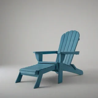 A wide shot of a full-body view, high-quality, highly detailed, photorealistic, cerulean colored wood Adirondack style chair, with a smooth finish, sitting on a plain white background, with soft natural light, and a slight warm glow, in the style of a product photograph, on a plain white background, even lighting 