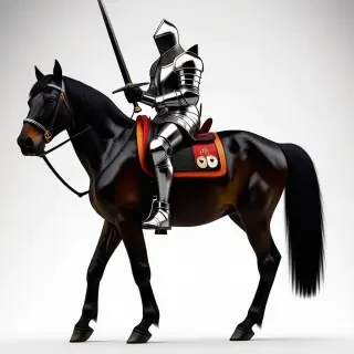 realistic knight holding a sword and wearing chain mail armor sitting on a black Friesian horse