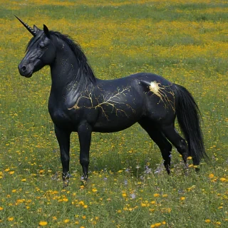Black unicorn with gold cracks in wildflower field