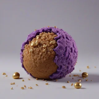 A hyper-realistic 3D macro render. The dessert features a perfectly spherical, crispy golden-brown exterior. The lighting is warm and cinematic, utilizing subsurface scattering to give the purple cake a soft, edible glow, while the background is softly blurred to emphasize the intricate textures of the crumb and smooth., on a plain white background, even lighting