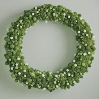 A full-body view of a wreath made of balls of moss, with the wreath placed on a plain white background, in a realistic  art style with vibrant green colors and soft, rounded shapes, illuminated by a soft, natural light with gentle shadows, and a wide-angle shot to showcase the entire wreath, on a plain white background, even lighting