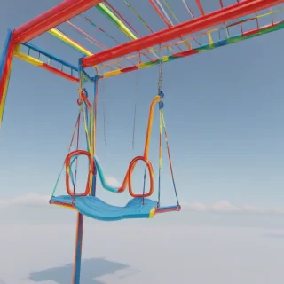 A colorful swing set with a slide and two swings, set on a plain white background, full-body view, wide shot, with a clear blue sky and a few white clouds, in a digital art style with bold lines and vibrant colors, with the swings and slide in the center of the image