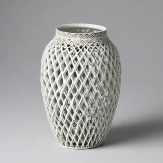 vase with large diamond shape openwork, on a plain white background, even lighting