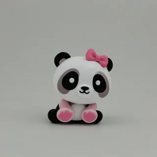 chibi style panda bear with a pink bow, on a plain white background, even lighting