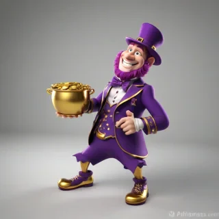 A 3D animation style purple leprechaun, full-body view, with a big smile and a pot of gold at his feet, on a plain white background, with vibrant purple and gold colors, in a cartoonish and exaggerated style, with dynamic lighting and shadows, wide-angle shot, on a plain white background, even lighting 