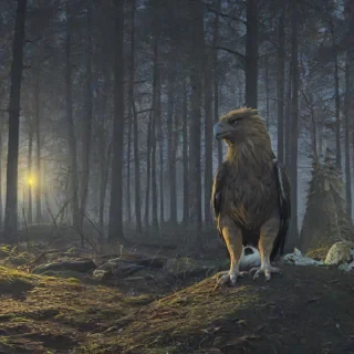 A griffin in the woods at night