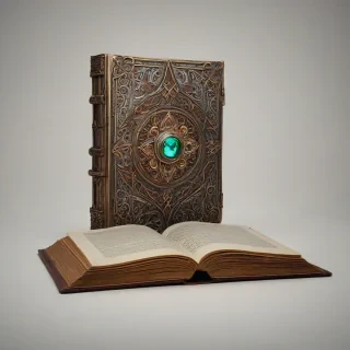 A highly detailed, magical glowing book with intricate bronze details and a Byzantine colored glowing jewel at its center, set against a plain white background, in a wide shot with the book's base visible, illuminated by soft, warm lighting with dynamic shadows, in the style of a fantasy illustration with subtle texture and depth, full-body view of the book, on a plain white background, on a plain white background, even lighting