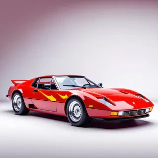 A full-body view of a sleek, ruby red, vintage sports car with a vaporwave aesthetic, set against a plain white background, with orange flames painted on the side of its glossy surface, and a wide-angle shot to capture its curves and lines, in a digital art style with vibrant, pastel colors and subtle gradients