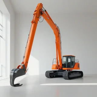 A wide shot of a single, bright orange, industrial excavator, with a minimalist background, on a plain white floor, with the excavator's hydraulic arm and bucket prominently displayed, under a soft, natural light, with subtle shadows, in a digital art style, with clean lines and simple textures