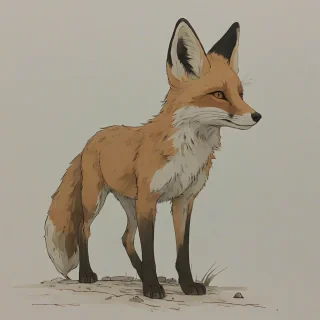 A muted, anime-style drawing of a fox with its feet visible, standing on a plain white background with even lighting, with a subdued color palette of earthy tones