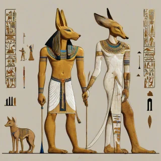 A full-body view of an Egyptian mythological creature, specifically an Anubis, with the body of a jackal and the head of a man, standing on a plain white background, with intricate hieroglyphics and golden accents, in a digital art style with bold lines and vibrant colors, wide shot with feet visible, on a plain white background, even lighting, on a plain white background, even lighting 