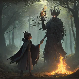 2d cartoon animation art style of a woodland guardian with a crown of wood and a cloak of dark leaves, the guardian is holding its hand out to a young girl, the hand has a large burst of fire coming out of it, the girl has short hair and her back is turned to the camera, fantasy vibes, forest setting, dark lighting, glowing eyes, deep shadows, digital painting aesthetic, 2d imagery, limited color palette of mostly greys and browns, simple character and setting design, simple shapes, 2d drawn look