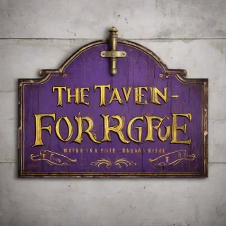 A rustic, industrial-style tavern sign, with a purple background and golden lettering, featuring a wide shot of the sign with the tavern's name 'The Iron Forge' written in bold, metallic font, with a pair of crossed hammers below the text, set against a plain white background, full-body view of the sign, with a slight grunge effect to give it a worn, vintage look, digital art style, high level of detail, intricate textures