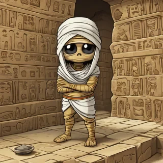 Chibi cartoon mummy in Egyptian tomb