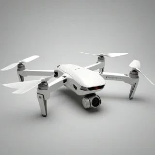 A minimalist, ivory-colored drone, with a sleek and simple design, in a wide shot, with the entire drone visible, including the propellers and landing gear, on a plain white background, with a subtle gradient of light to accentuate the drone's shape and features, in a digital art style with clean lines and minimal textures, on a plain white background, even lighting
