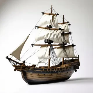 wooden pirate ship with white sails