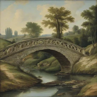 Renaissance painting of a small, curved bridge over a small stream, no people