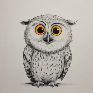 hand-drawn cartoon of owl with a smile, big eyes, happy expression, bright, even lighting, on a plain white background