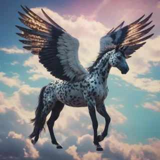 A full-body view of a majestic pegasus with a shiny black and white spotted coat and iridescent wings, set against the sky, in a digital art style with vibrant colors and dynamic lighting, with the pegasus flying proudly with its wings spread wide