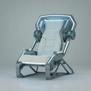A futuristic, high-tech, steel-colored armchair with metallic accents and neon lights, in a wide shot, full-body view, with a plain white background, in a cyberpunk style, with sharp lines and geometric shapes, and a sense of advanced technology integrated into its design, on a plain white background, even lighting