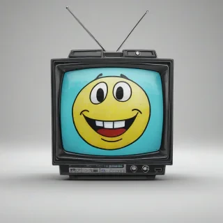 A vibrant, hand-drawn cartoon of a television set with a bright, colorful smiley face on the screen, situated on a plain white background with even lighting