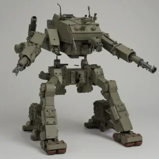 A diesel-punk, humanoid walking vehicle with two reverse joint legs, a tank-like chassis sitting on top of said legs, and two large bore weapon mounts on either side, a multiple launch rocket system mounted on the 'shoulder' area. The design of the machine should have flat and angled surfaces with exposed riveting and matte militaristic colors. The vehicle should be set against a plain white background, in a wide shot with its feet visible, showcasing its full body, with a focus on connecting the top and bottom sections of the vehicle.